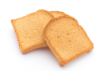 Slices of toast bread on wooden table, top view.