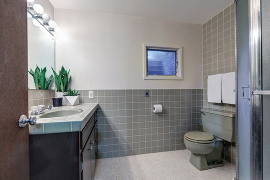 Contemporary bathroom features soft gray walls