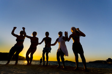 Silhouette of People Dancing On Beach at Sunset