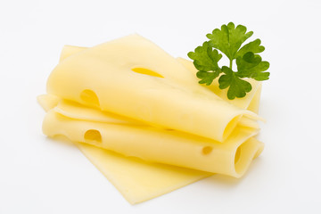 Cheese slices on white background cutout.