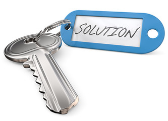 Key to Solution. Modern Steel Key and blue plastic Tag label with the text Solution. 3D render.