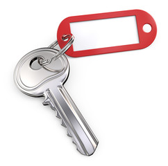 Key, Keyring and Tag. Modern Steel Key and Red plastic Tag label. Blank for Copy Space. 3D render.