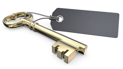 Golden Key. Vintage Gold Key and Blank Tag label for Copy Space. 3D render.