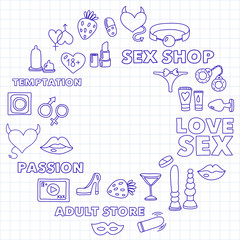 Pattern with toys for adults Sex shop, adult shop, adult store