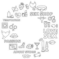 Pattern with toys for adults Sex shop, adult shop, adult store