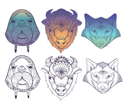 Animals totems: vector wolf, buffalo and walrus