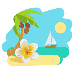Fototapeta na wymiar Tropical island with palm tree and flower. Vector illustration icon for traveling.