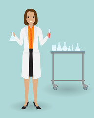 Medical laboratory assistant standing with a glassware. Medicine tester with blood sample. Medical employee.
