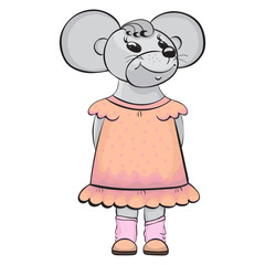 Cartoon merry mouse in peach dress .Vector