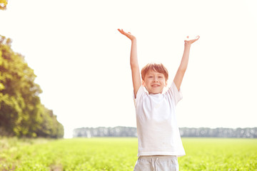 smiling boy in the field at sunny summer morning. boy in white t-shirt stands with hands up. The family travels, the children happily ran around the field