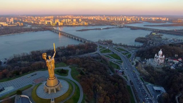 Kiev City - the capital of Ukraine. Kyiv. Mother Motherland, The monument is located on the banks of Dnieper River. Kiev, Ukraine Aerial view