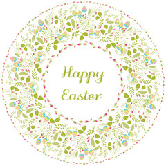 Happy Easter greeting card. Vector drawing, pink and red rose flower buds and leaves