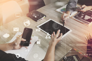 co working team meeting concept,businessman using smart phone and laptop and digital tablet...
