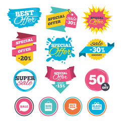 Sale speech bubble icons. Buy now arrow symbol.