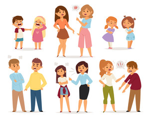 Quarrel collection with arguing people in different situations in flat style and conflict stress couples character vector illustration.