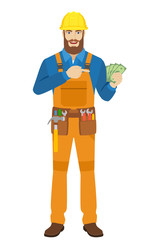 Worker pointing at money in his hand