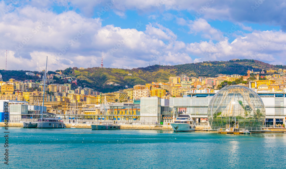 Wall mural View of the port of genoa dominated by an aquarium and the biosphere green house designed by renzo piano