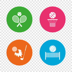 Tennis rackets with ball. Basketball basket.