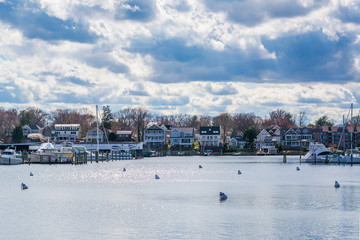 Houses and boats docked on Spa Creek, in Annapolis, Maryland.