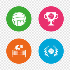 Volleyball and net icons. Winner award cup.