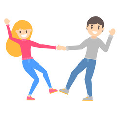 Vector flat cartoon happy young blonde girl and funny guy dance