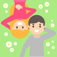 Vector flat cartoon happy young blonde girl and funny guy lie in the meadow