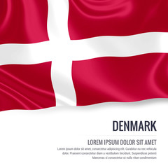 Silky flag of Denmark waving on an isolated white background with the white text area for your advert message. 3D rendering.