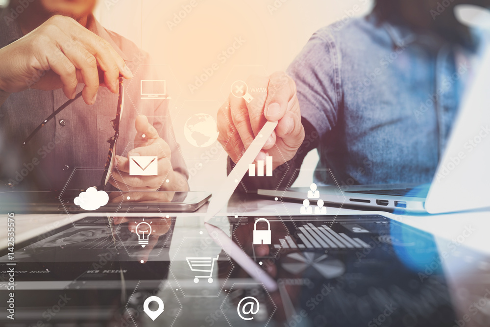 Fototapete co working team meeting concept,businessman using smart phone and laptop and digital tablet computer in modern office with virtual interface icons network diagram