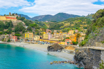 aerial view of monterosso al mare village which is part of the famous cinque terre region in Italy. - obrazy, fototapety, plakaty