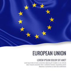 Silky flag of European Union waving on an isolated white background with the white text area for your advert message. 3D rendering.