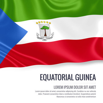 Silky flag of Equatorial Guinea waving on an isolated white background with the white text area for your advert message. 3D rendering.