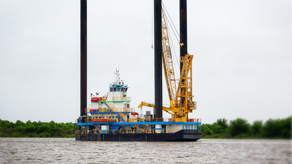 Offshore jack up oil drilling rig along the southern Louisiana coast