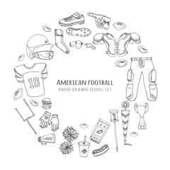 Hand drawn doodle american football set Vector illustration Sketchy sport related icons football elements, ball helmet jersey pants knee thigh shoulder pads cleats field cheerleading down indicator
