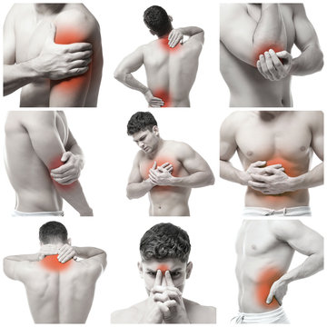 Collage of young man suffering from pain in different parts of body on white background