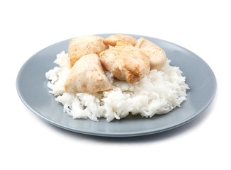 Chicken and rice on plate isolated on white