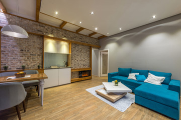 Interior design of living room with brick walls