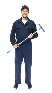 Young Window Cleaner On White Background