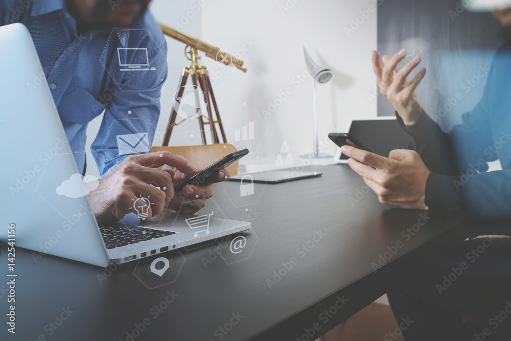 Poster co working team meeting concept,businessman using smart phone and digital tablet and laptop computer in modern office with virtual graph chart diagram