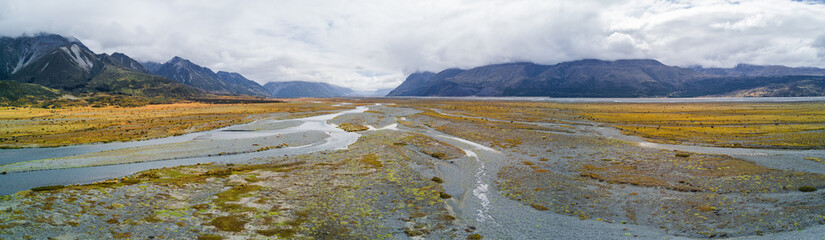 Aerial view of Tasman River at Aoraki Mount Cook National Park