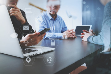co working team meeting concept,businessman using smart phone and digital tablet and laptop...