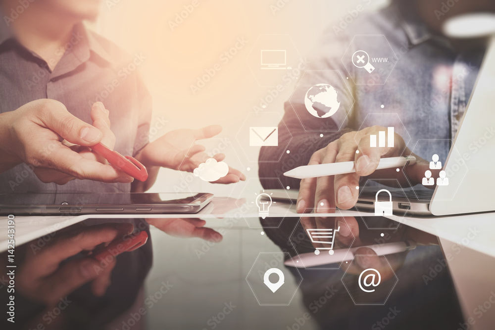 Aufkleber co working team meeting concept,businessman using smart phone and laptop and digital tablet computer in modern office with virtual interface icons network diagram