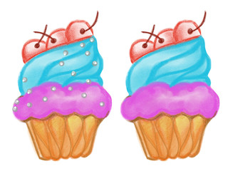 Hand drawn colorful cupcakes on the white background, isolated illustration  painted by pencil, high quality