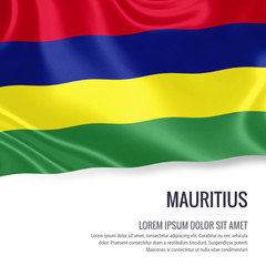 Silky flag of Mauritius waving on an isolated white background with the white text area for your advert message. 3D rendering.