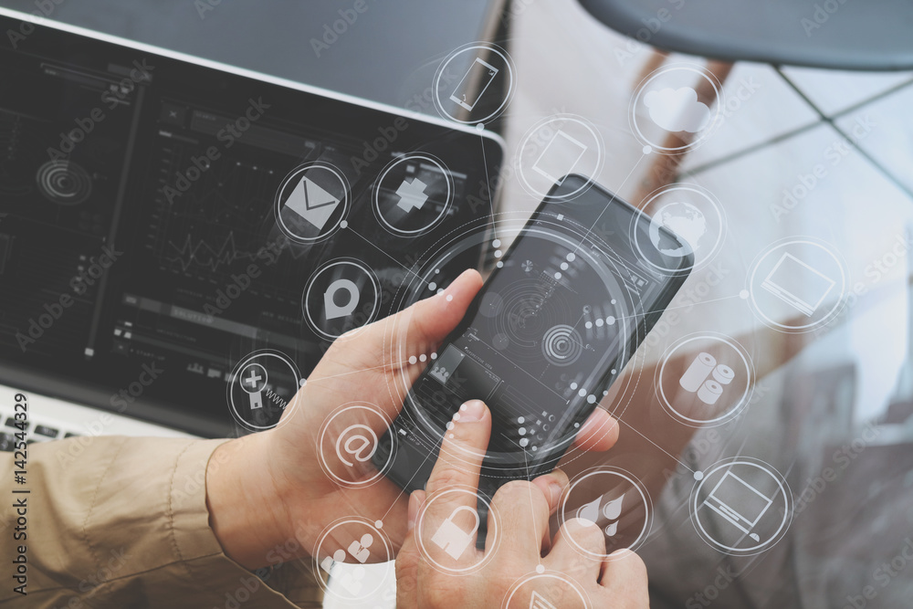 Poster hand using smart phone and digital tablet computer for online banking payment communication in modern office with virtual computer interface graphic and icons diagram