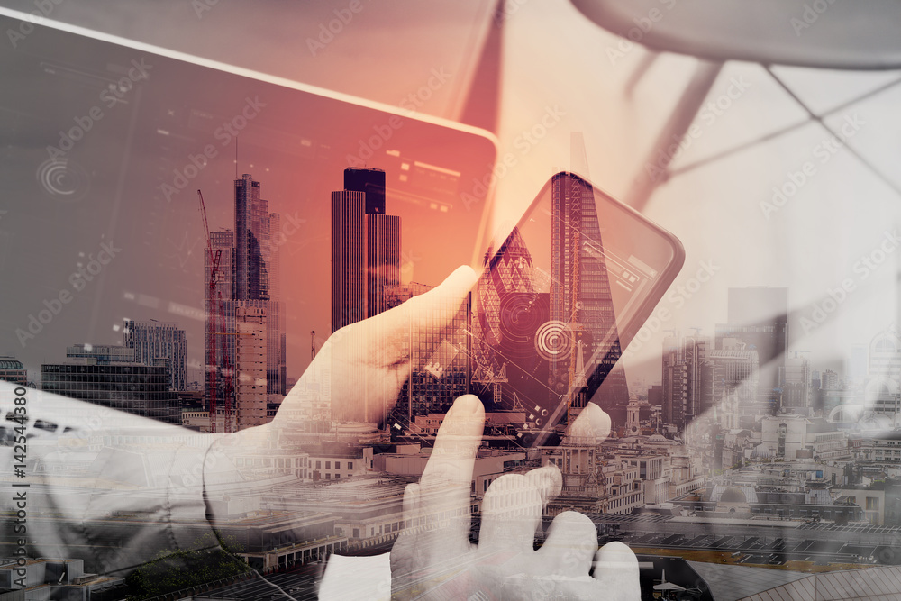 Poster Double exposure of hand using smart phone and digital tablet computer for online banking payment communication in modern office with London city