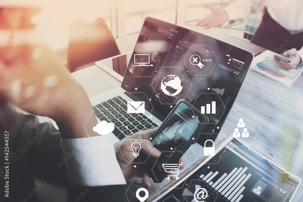 Aufkleber co working team meeting concept,businessman using smart phone and laptop and digital tablet computer in modern office with virtual interface icons network diagram