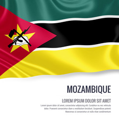 Silky flag of Mozambique waving on an isolated white background with the white text area for your advert message. 3D rendering.