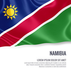 Silky flag of Namibia waving on an isolated white background with the white text area for your advert message. 3D rendering.