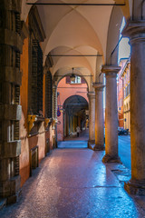 View of a covered arcade in the historical center of the italian town Bologna. © dudlajzov