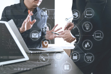 co working team meeting concept,businessman using smart phone and digital tablet and laptop...